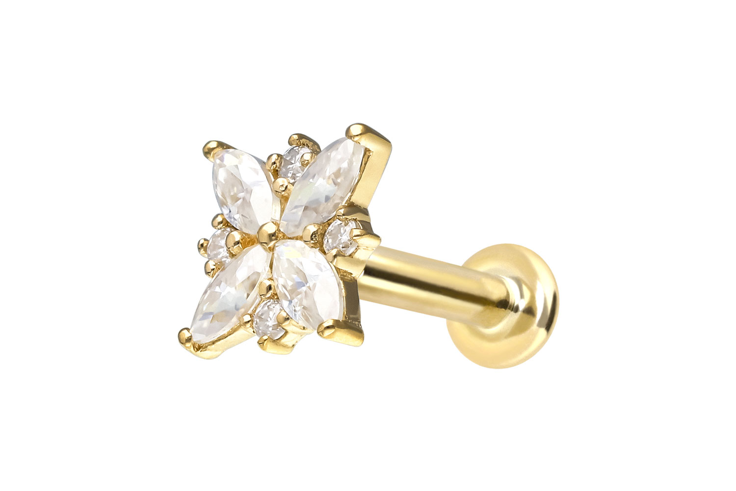 14 Karat Gold Labret Piercing mit Innengewinde MOISSANIT-BLUME